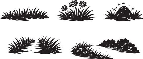 Spring meadow details black silhouette icon set eps