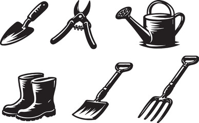 Spring gardening tools black silhouette icon set eps