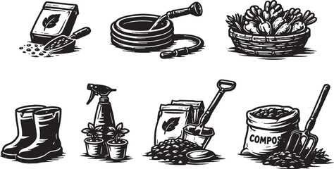 Spring gardening supplies black silhouette icon set eps