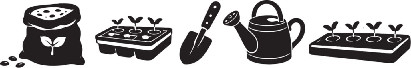 Spring Farm and Gardening Tool Silhouette Icons eps