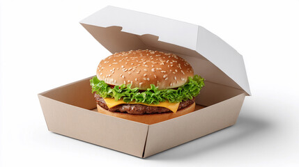 Cheeseburger in a takeout box ready for serving