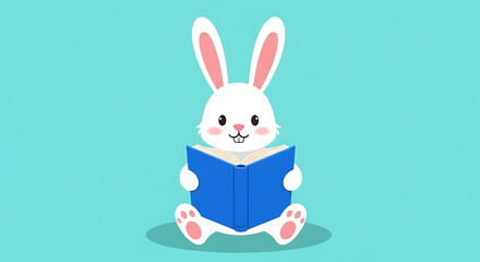 Fototapeta premium White Cartoon Bunny Reading Blue Book.