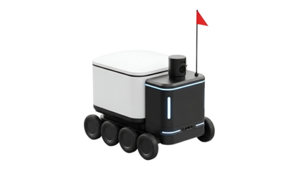 Small autonomous delivery robot with red flag and camera on black background