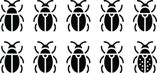 Set of minimalist beetle and bug icons featuring solid black silhouettes and variations of ladybug wing patterns with white spots. © sumi
