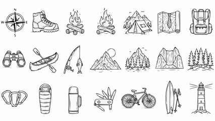 Collection of hand-drawn outdoor adventure and camping icons. © Hasyim