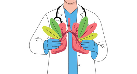 Doctor Holding Lungs with Leaves. Respiratory Health, Clean Air, and Pulmonology Care Concept. Vector Illustration for Environmental and Medical Campaigns.