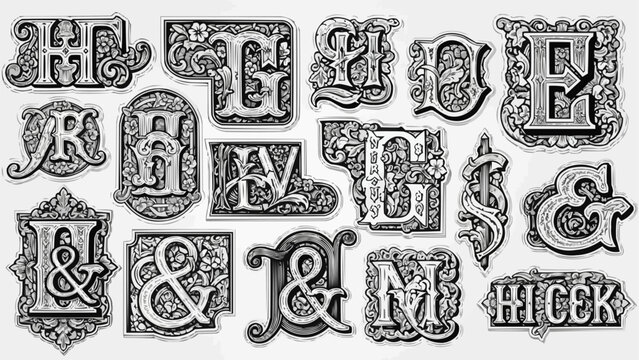 Collection of Ornate Vintage Decorative Lettering and Ampersands.