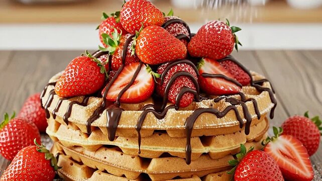 A delicious stack of waffles topped with fresh strawberries and chocolate.