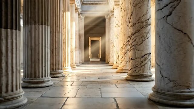 A serene corridor of ancient columns illuminated by sunlight.