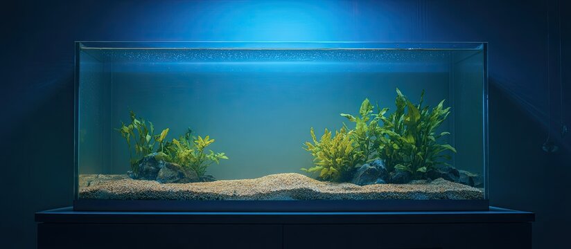 Empty aquarium with plants, rocks, and sand, lit from above, sitting on dark furniture