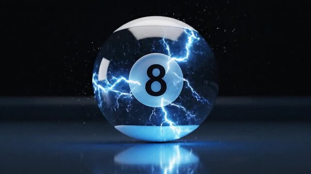 Cinematic 3D 8-Ball with Blue Electrical Energy and Lightning Effects on Dark Background