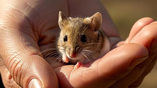 A small mouse resting in a person's hand in a warm, gentle atmosphere.