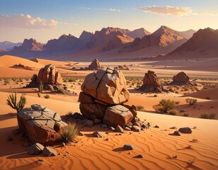 A sunlit, arid desert scene with towering mountains in the background, scattered rocks, sand dunes, and sparse vegetation