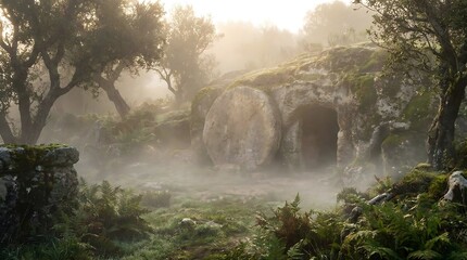 Naklejka premium Empty tomb with rolled away stone in a misty garden at sunrise for Easter resurrection concept