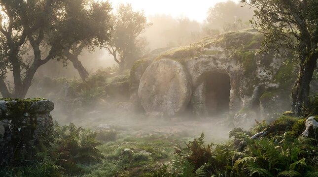 Empty tomb with rolled away stone in a misty garden at sunrise for Easter resurrection concept