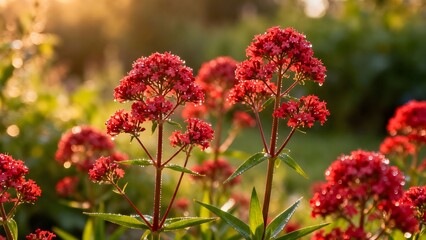 Red Valerian herb flowers blooming in summer garden close-up