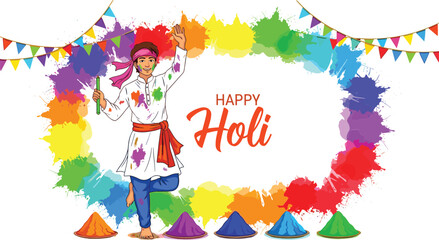 Happy Holi festival vector illustration with man in traditional dress colorful paint splash frame and festive party bunting.