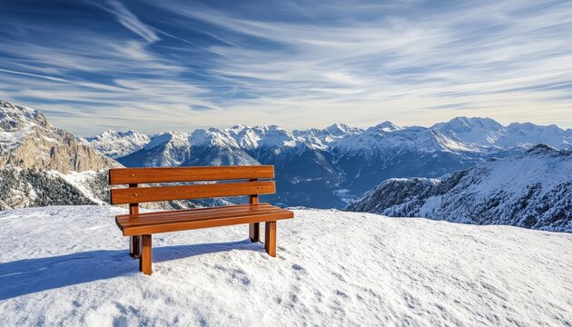 Wooden bench sits atop a snowy mountain peak overlooking vast ranges under a bright sky