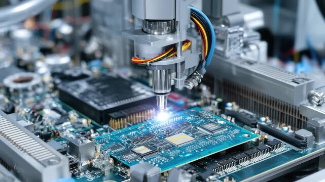 Automated rework station with robotic arm and welding light repairing electronic circuit board using precision machinery technology for electronics