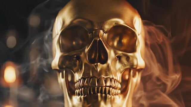 Golden skull with intricate details surrounded by wispy smoke