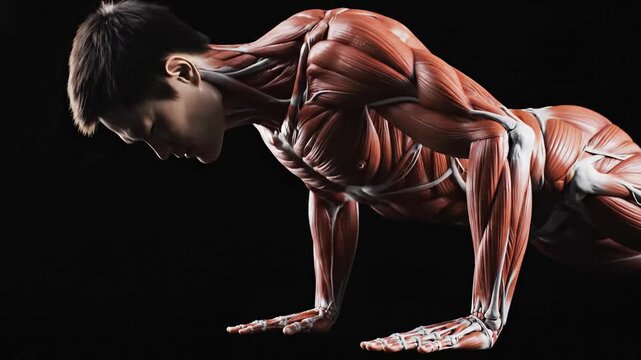 Human muscular system anatomy performing push ups against black background