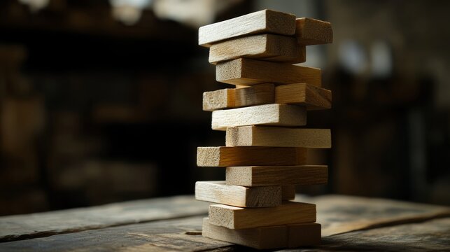 109.A slow-motion effect photograph showing a wooden Jenga block being removed, the remaining tower standing but appearing unstable, emphasizing precision and strategy.