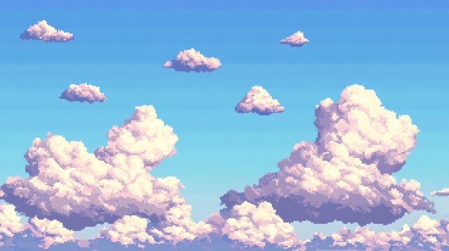 114.A seamless looping pixel sky background with layered parallax clouds drifting, capturing the essence of retro platformer game aesthetics.