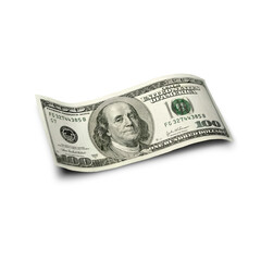 A $100 bill waving in the air on transparent background