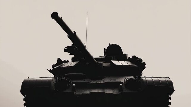 Low angle tank silhouette showcasing military vehicle with armored body, large cannon turret, weapon system, and combat ready protection defense