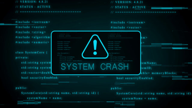 Digital system crash alert with a blue exclamation mark and glowing cyan text on a dark background filled with scrolling computer code and digital glitch effects signifying a critical system failure