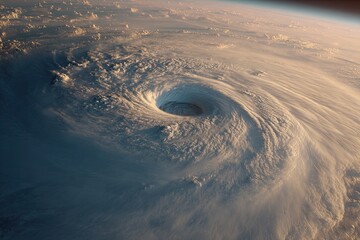 Aerial view of a massive hurricane swirling over Earth, showing the eye and swirling clouds