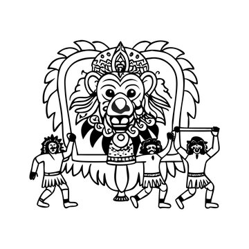 Traditional Indonesian Reog Ponorogo performance with a large lion mask and dancers.