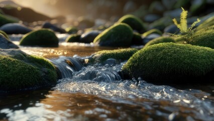 Gentle stream flows over mossy stones