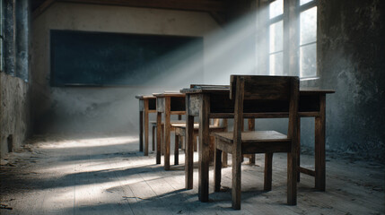Abandoned Haunted Classroom with Dusty Desks and Sunlight Streaming Through Windows