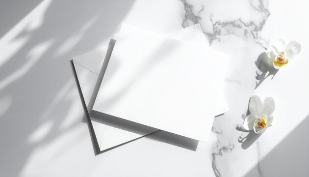 Minimal stationery mockup with blank cards and envelope on marble, elegant floral flat lay - Powered by Adobe