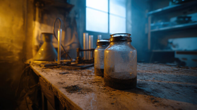 Abandoned Laboratories Holding Secrets of Science in a Haunted Setting with Dusty Jars and Flickering Lights