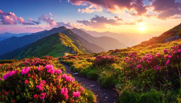 A vibrant mountain scene at sunrise, a pathway weaves through flowering meadows toward distant peaks beneath a colorful sky