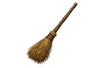 Broomstick representing magic and fantasy, an old witch's broom with straw bristles and a wooden handle