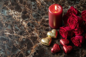 Burning red pillar candle rests beside deep crimson roses and heart shaped confections on dark polished stone surface