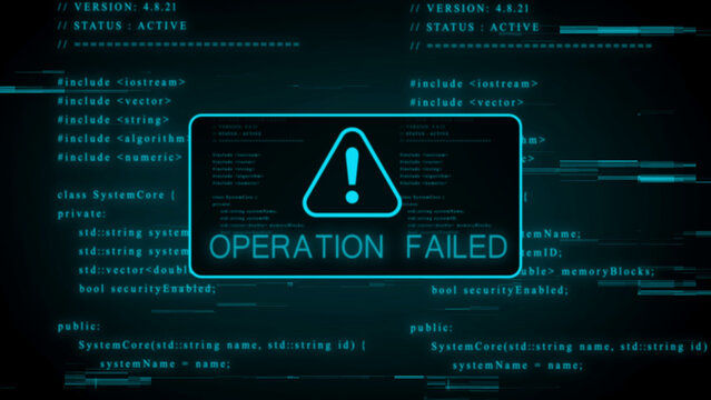 Digital screen displaying a blue warning triangle and the text OPERATIONFAILED with glitch effects and lines of code in cyan on a dark background representing a computer system error