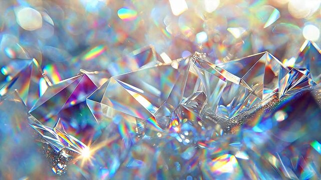 Abstract holographic diamond crystal background, macro shot of prism refraction and rainbow spectrum texture, luxury jewelry and optical tech concept 3D render animation, showing sharpness and gloss.