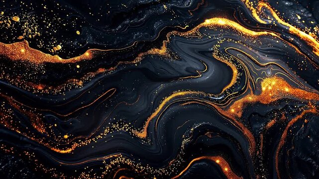 Abstract black and gold fluid marble background, luxury golden veins and ink mix, modern art and premium business concept 3D render animation, showing elegance and flow.