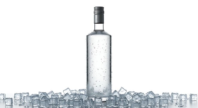 A clear glass bottle with a gray cap surrounded by ice cubes on a white background studio shot still life