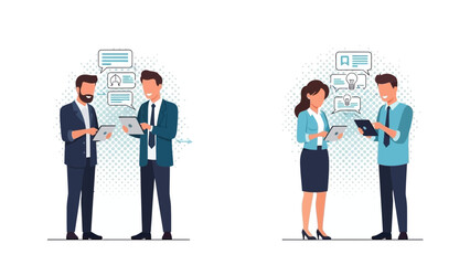 Business People Discussing Ideas and Using Tablets in Flat Design