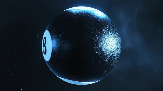 Cinematic 3D Render of a Billiard Eight Ball Floating in Cosmic Dark Space with Blue Rim Lighting