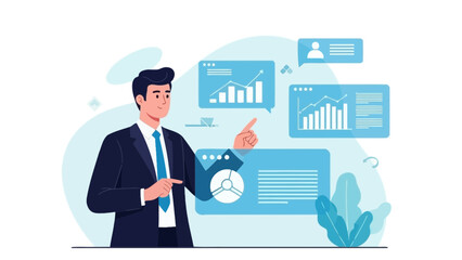 Businessman pointing at digital charts and graphs, data analysis concept