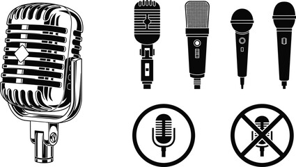 Black silhouettes of various microphone types including vintage and modern styles, professional audio equipment icons isolated on white background, music