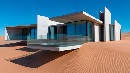 Modern passive house construction in a desert landscape, showcasing contemporary architecture and sustainable design with a clear blue sky.