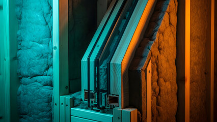 Construction of a passive house showcasing innovative wall insulation and framing techniques with blue and orange lighting.
