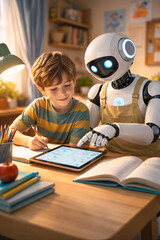 Humanoid AI Robot Tutoring Child with Tablet at Study Desk